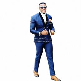 double Breasted Blue Men Suits Groom Wedding Tuxedo Slim Fit Trajes Para Hombre 2 Pieces Black Lapel Blazer+Pant Terno Masculino m8Is#