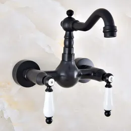 Bathroom Sink Faucets Black Oil Rubbed Brass 360 Swivel Spout Basin Faucet Dual Handle Hole Kitchen Cold Water Mixer Tap Dnf858