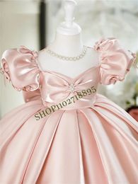Puffy Flower Girl Dresses Bow Cute Little Dress Satin Princess Baby First Communion 240313