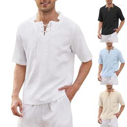Men's Casual Shirts Summer Solid Color Irregular Neckline Short Sleeve Shirt Personality Fashion Retro Lace Up Collar T-shirt Man