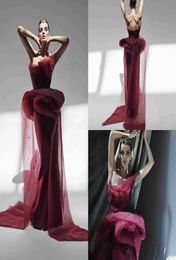 2020 Azzi Osta Burgundy Prom Dresses Tulle Strapless Sweep Train Embroidery Mermaid Evening Dress Custom Made Ruffles Robes De S1200791