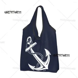 Shopping Bags Blue Nautical Anchor Rudder Navy Style Pattern Grocery Bag Recycle Foldable Heavy Duty Sailing Ships Marine Ocean