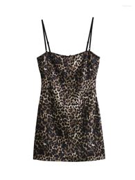 Casual Dresses Girls Fashion Satin Feeling Sling Mini Dress Vintage Leopard Print Ladies Sexy Spaghetti Strap Short Slim