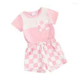 Clothing Sets Baby Girl 2 Pieces Summer Outfit Short Sleeeve Plaid Tshirt With Pocket Elastic Waist Checkerboard Shorts