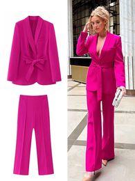 TRAF Womens Blazer Set 2 Pieces Long Sleeve VNeck Belted High Waisted Wide Leg Trousers Casual Elegant OL Sui 240327