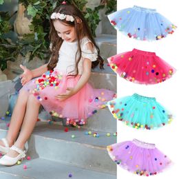Barnflickor tyll tutu kjol rosa sommar prinsessan bröllop fest kort klänning kläder pompom mini klänningar för barn kostym 240325