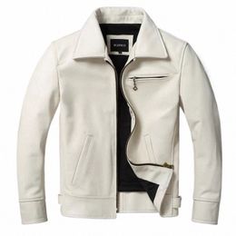 men's Genuine Leather Jacket White Lapel Calfskin Jacket Natural Cowhide Men's Coat Slim Fit Top Layer Cowhide Biker Jacket t21v#