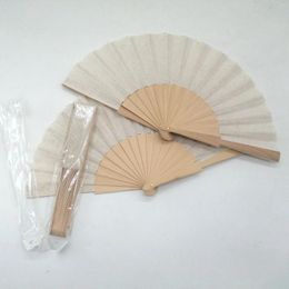 Decorative Figurines High Quality Natural Wood Bone Beige Linen Folding Fan Spanish Style Pure Cloth Handheld Wedding Home Decoration