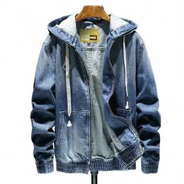 autumn Winter Zipper Hooded Denim Jacket Men's Casual Outdoor Lg Sleeves Pockets Loose Cowboy Tops Jackets I8Gu#