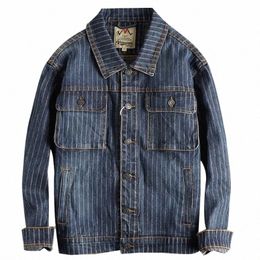 retro Striped Denim Jacket Men Wed Loose Cargo Jeans Coat Streetwear Casual Cowboy Top Male J12Q#