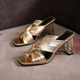 Slippers Slippers JMPRS Womens Cross Belt ig eels Slide 2022 Summer Luxury Gold Square Toe Sandals Designer Transparent H240326NE8F
