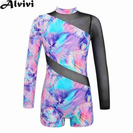 One-Pieces Kids Girls Long Sleeve One-piece Swimsuit Mock Neck Zipper Sheer Mesh Patchwork Dance Gymnastics Bodysuit Swimwear Beachwear 24327