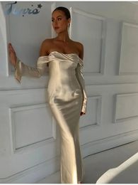 Elegant Satin Off Shoulder Maxi Dres Sexy Backless Long Sleeves Bodycon Robes Spring Autumn Evening Party Female Vestidos 240314