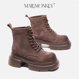 Boots Luxury Design Platform Women Leather 2024 Thick Bottom Round Toe Winter Casual Ankle Female Shoes Handmade