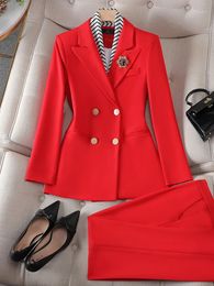 Red Womens Blazer And Pants 2 Piece Double Breasted Long Sleeve Jacket Suit Slim Fit Office Outfits conjuntos de 240327