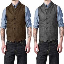 men's Suit Vest Herringbe Wool Vest Retro Slim Fit Sleevel Wedding Groom Jacket Steampunk Vest for men Waistcoat w1Bb#