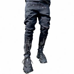 Pantaloni a matita in denim elasticizzato nero Pantaloni da motociclista slim fit in denim da strada punk da uomo 2021 Jeans strappati da uomo con trapano a caldo Jeans skinny k64p #