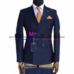 classic Navy Blue Slim Fit Mens Suit Formal Busin Blazer Double Breasted Banquet Tuxedo 2 Piece Jacket Pants Terno Masculino Q2Yz#