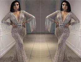 Cheap Silver Sequins Prom Dress Plunging V Neck Long Sleeves Pageant Holidays Graduation Wear Evening Party Gown Custom Made Plus 1426884