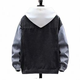 men Denim Coat Color Block Single-breasted Lg Sleeves Loose Turndown Collar Streetwear Spring Autumn Jean Jacket for Outdoor B7sD#