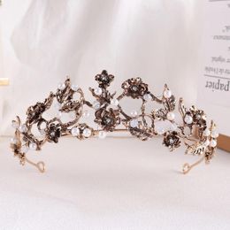Hair Clips Baroque Retro Womens Metal Flower Leaves With Rhinestone Beaded Crown Party Headwear