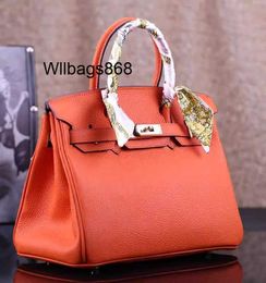 Totes Women Handbag BK L New Bag Womens Handbag Leather Leather Top Layer Cowhide Womens Bag Orange Fashion Womens Leather Bag with Lock Large and Medium Size