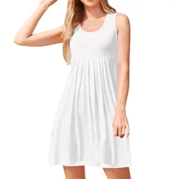 Casual Dresses Spring Summer Tank Dress Female U Neck Solid Pleated White Women's Sleeveless Slim Fit Vestidos Fashion Tunic