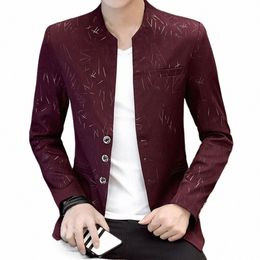 2024 Men Casual Spring Autumn Stand Collar Blazers Youth Handsome Trend Slim Vintage Print Blazer Suit Thin Jacket for Busin V5IG#