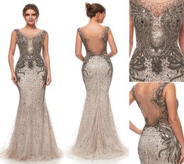 2019 NEW Great Gatsby Vintage Mocha Luxury Beaded Mermaid Evening Dresses Wear yousef aljasmi Sheer Neck Cap Sleeve arabic Prom Fo2484542