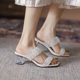 Dress Shoes Transparent High Heels Women Summer Crystal Chunky Heel Sandals Fairy All-Match French