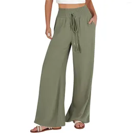 Women's Pants 2024 Loose Casual Pantalones De Mujer Solid Colour Retro High Waist Drawstring Wide Leg Trousers Cotton Linen Long