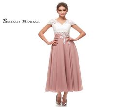 Simple Vneck Zipper Short Sleeves Tea Length Prom Dresses Appliques Chiffon ALine Formal Evening In Stock 31186412486