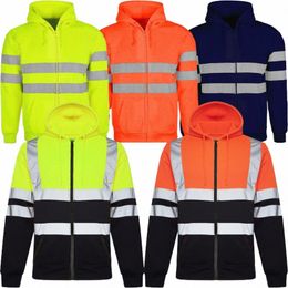 men Reflective Strip Sanitati Overalls Fleece Hooded Jacket for Cold-Proof Outdoor Sweater Work Safety Coat Outdoor 97l0#