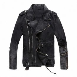 harajuku Mens Denim Jacket Zipper Adjustable Belted Punk Style Slim Fit Cowboy Coat Casual Vintage Moto Biker Hole Ripped Jacket 54Qe#