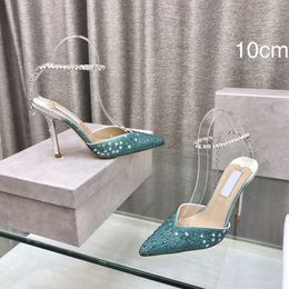 Women Saeda 100 Heels Luxury Emerald Satin Pumps with Crystals TOP Quality Lambksin Inside Lady Party Wedding Shoes with Box EU35-42