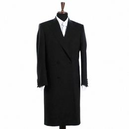 black Peak Lapel Double Breasted Men Jacket Fi Busin Casual Slim Solid Lg Coat Elegant Male Blazer Only One Jacket l498#