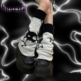 Harajuku Gothic Skull Star Knitted Leg Warmers Socks Punk Girls Two Side Wear Leg Cover Japanese Kawaii Streetwear Boots Cover 240315