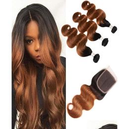 Human Hair Wefts With Closure Indian Virgin Cambodian 1B30 Body Wave 3 Bundles 4X4 Lace Two Tones Color 1B303794886 Drop Delivery Prod Dhik9