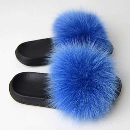 Slippers Slippers Fur Summer Womens Real Fox Slides Ome Furry Flat Sandals Non slip Fluffy Flip Cap Cute Plus Soes H240326D4NJ