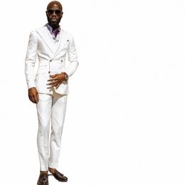 Terno masculino branco 2 peças Blazer Calças Double Breasted Peaked Lapela Slim Fit Formal Tuxedo Busin Trabalho Casamento Groom Tailored 73Wk #