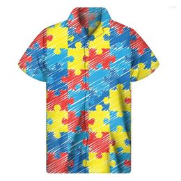 Men's Casual Shirts Autism Awareness Puzzle 3D Print Aloha Shirt Men Women Summer Hawaiian Tops Street Lapel Blouse Button Short Sleeves