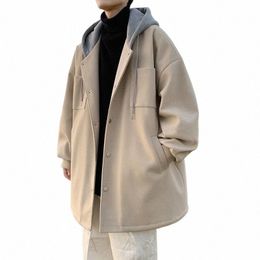 hooded Woollen Coat Men Winter Clothe New Thick Loose Casual Jacket Hg Kg Style Preppy Handsome Unisex Mid-Length Windbreaker W7J7#
