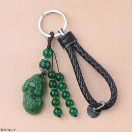 Keychains Chinese Fengshui Beast Natural Stone Luckly Pixiu Pendant Leather Car KeyChain Carved Jade Key Ring Holder For Men