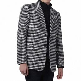 plaid Men's Blazer with Two Butts 1 Pc Busin Suit Jacket Notch Lapel Houndstooth Male Fi Coat Size XS-5XL s1ML#