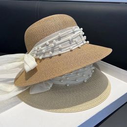 Wide Brim Hats Foldable Big Floppy Girls Straw Hat Sun Elegant Pearl Bowknot Anti-UV Fashion Beach Caps For Women 2024