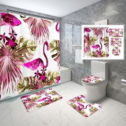 Shower Curtains Flamingo Curtain Non-slip Mat Toilet Bathroom Set Waterproof Fabric Green Plants Flower And Bird Home Decor