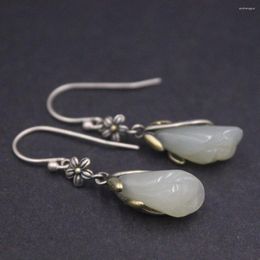 Dangle Earrings Real Solid 925 Sterling Silver Natural Jade Flower Pattern Women Lucky