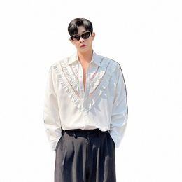 french Fi Mesh Patchwork Lg Sleeve Shirt for Men Korean Streetwear Net Celebrity Vintage Dr Shirts Man Blouses t061#
