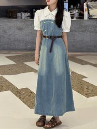 Party Dresses French Colour Block Shirt Collar Denim Dress With Belt Women's Summer Length Style Slimming Waist Over Knee A-line