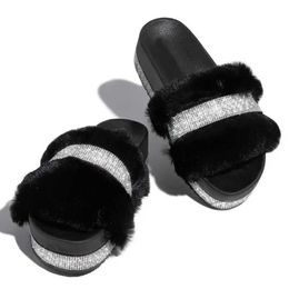 Slippers Slippers Luxury Designer Womens Fur Rinestone Slide Platform Wedge Solid Fluffy Outer Sexy Soes H240326K081